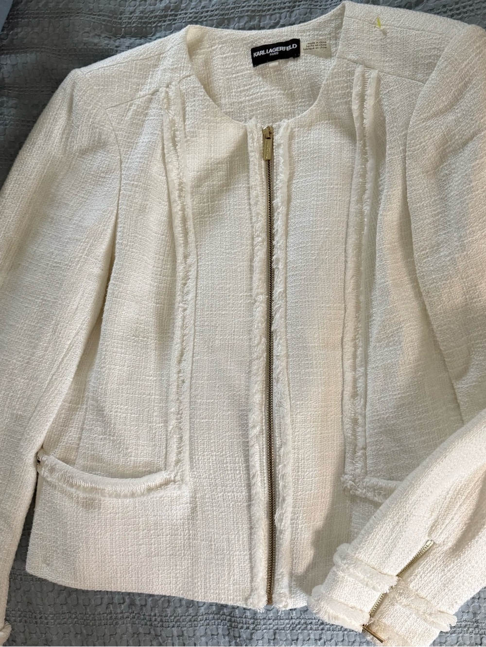 Karl Lagerfeld Cream Tweed Zip-Front Blazer